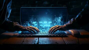 one person typing on computer keyboard at night photo