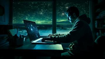 one person typing on computer keyboard at night photo