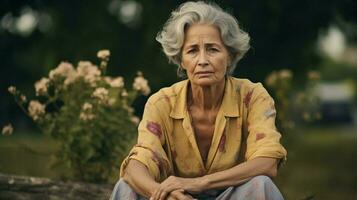 uno triste mayor mujer mirando a cámara al aire libre en naturaleza foto