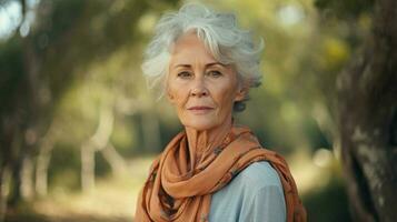 one sad senior woman looking at camera outdoors in nature photo