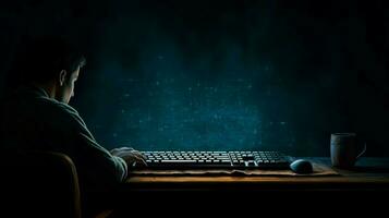 one person typing on computer keyboard at night photo