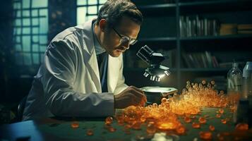 one scientist examining liquid using microscope indoors photo