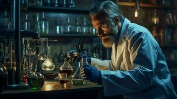 one scientist examining liquid using microscope indoors photo