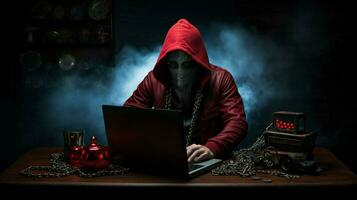 one thief typing dangerous password on laptop photo