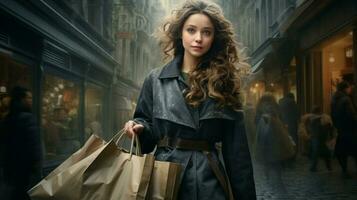 uno mujer que lleva compras bolso desde boutique foto