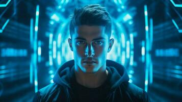 one young man futuristic blue illuminated background photo