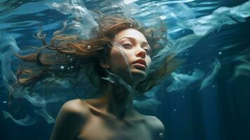 one young woman blue portrait underwater creativity photo