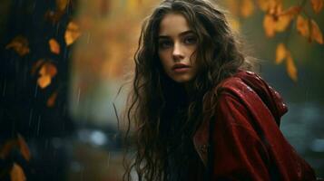 one young woman hiding in the wet autumn forest photo