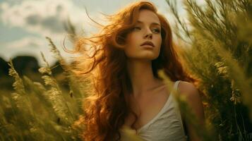 one young woman in nature looking away beauty in summer photo