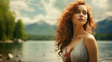 one young woman in nature looking away beauty in summer photo