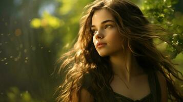 uno joven mujer en naturaleza mirando lejos belleza en verano foto