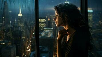 one young woman looking through window reflecting on city photo