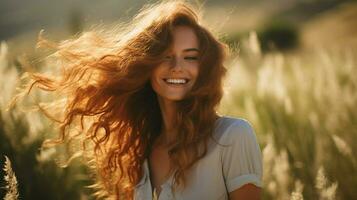 one young woman smiling outdoors in nature photo