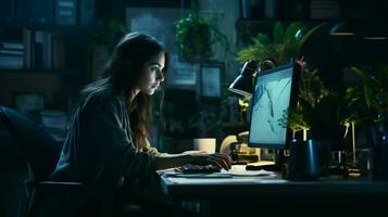 one young woman working indoors using computer in dark photo