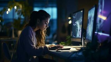 uno joven mujer trabajando adentro utilizando computadora en oscuro foto