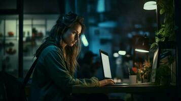 one young woman working indoors using computer in dark photo
