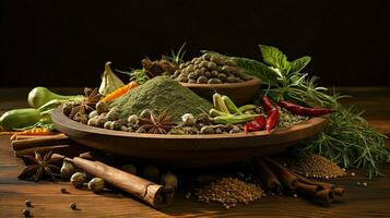 organic herbs and spices in wooden bowl photo