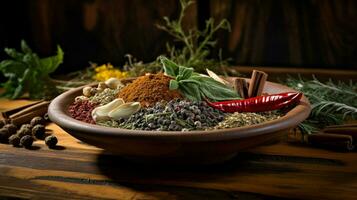 organic herbs and spices in wooden bowl photo