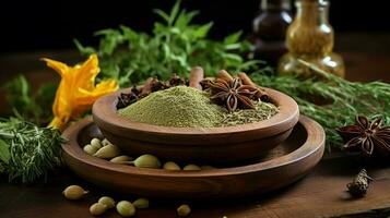 organic herbs and spices in wooden bowl photo