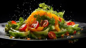 organic vegetable salad with ripe bell pepper dew drops photo