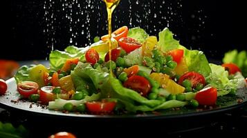 organic vegetable salad with ripe bell pepper dew drops photo