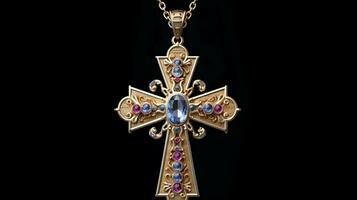 ornate cross necklace shiny gold with gemstones photo