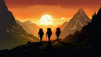 outdoor adventurers hiking towards mountain peak sunrise photo