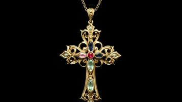 ornate cross necklace shiny gold with gemstones photo