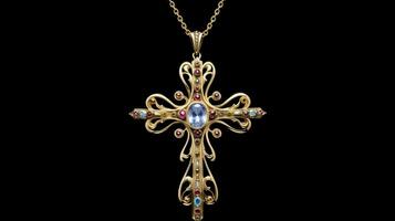 ornate cross necklace shiny gold with gemstones photo