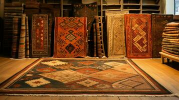 ornate kilim rugs in antique store collection photo