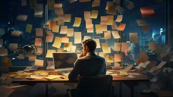 overworked businessman brainstorming sticky ideas at night photo