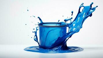 paint can pours blue ink onto white background photo