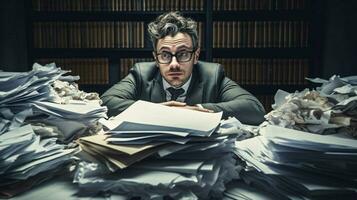 overworked businessman buried in paperwork on desk photo