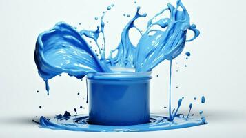 paint can pours blue ink onto white background photo