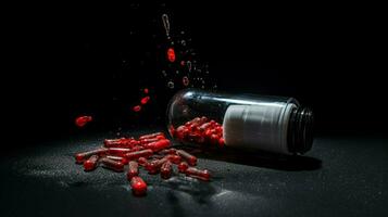 painkiller spills from bottle on black background photo