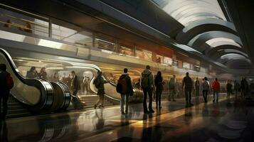 passengers rush through modern subway station platform photo