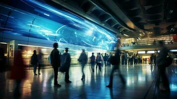 passengers rush through modern subway station platform photo