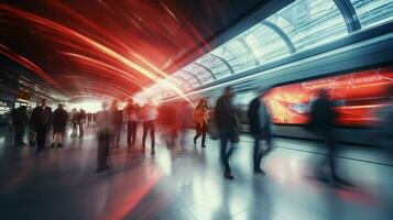 passengers rush through modern subway station platform photo