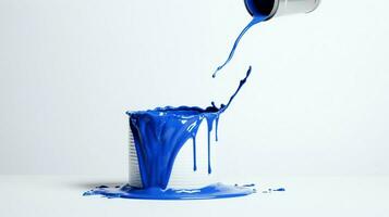 paint can pours blue ink onto white background photo