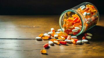 pills spill from jar on table headache relief photo