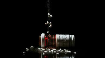 painkiller spills from bottle on black background photo