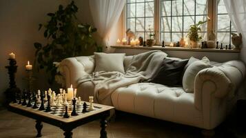 playing chess on a comfortable sofa indoors photo