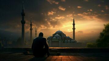 praying at the blue mosque at dusk photo