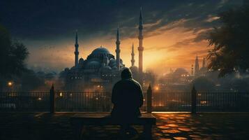 praying at the blue mosque at dusk photo