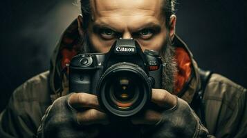 professional photographer takes close up with slr camera photo