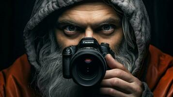 profesional fotógrafo toma cerca arriba con slr cámara foto