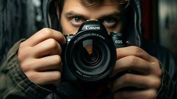 professional photographer takes close up with slr camera photo