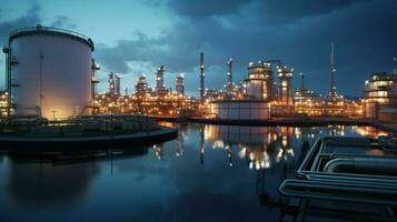 refinery illuminates dusk with fuel storage tanks photo
