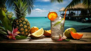 refreshing cocktail on wooden table surrounded by tropical photo