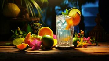 refreshing cocktail on wooden table surrounded by tropical photo